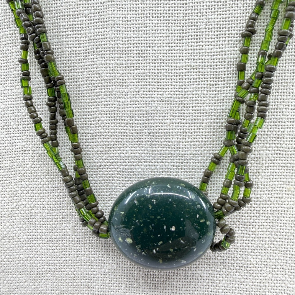 Green Brown Multi Strand Seed Bead Necklace Round Focal Boho Statement Jewelry